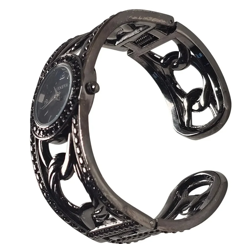 Women's Bangle Cuff Watch Gunmetal Chain Link Design Face Black Dial Geneva